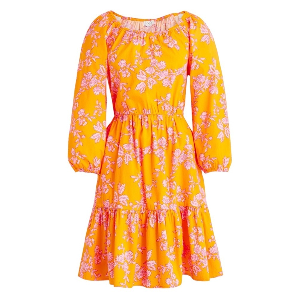 J. Crew Women Orange Pink Floral Scoop-Neck Tiered 100% Cotton Mini Dress Size 6